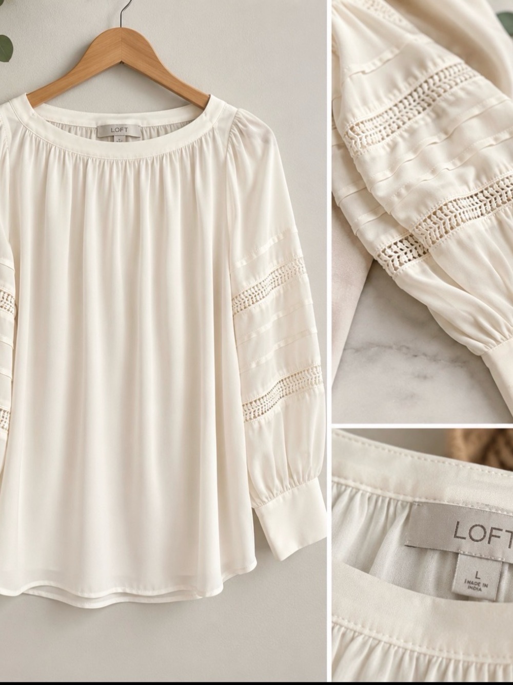 LOFT Cream Crochet-Detail Peasant Blouse